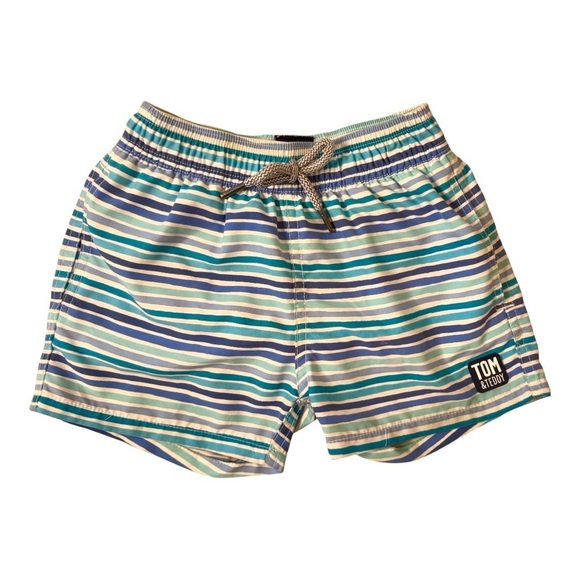 Tom & Teddy Blue and Green Striped Boys Swim Shorts Quick-Dry Elastic Waist - Picture 1 of 3